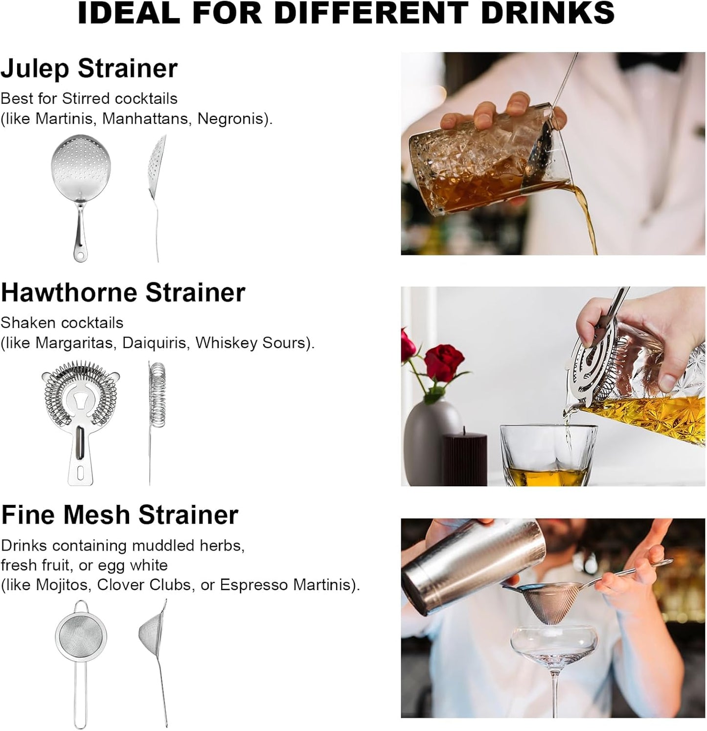 3-IN-1 Cocktail Strainer Set, Includes Julep, Hawthorne, Fine Mesh Strainer, Food Grade 304 Stainless Steel, Complete Set Covering All Cocktail Straining Techniques, Essential Home Bar Tools