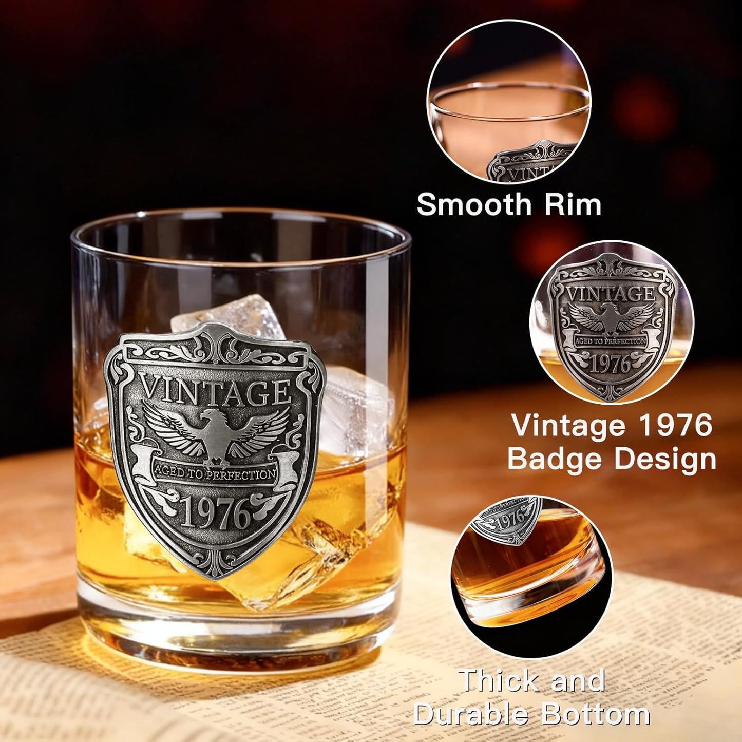 JOVGANK 50th Birthday Gifts for Men, Vintage 1976 Whiskey Glass Set for Whiskey Lovers, Anniversary Old Fashioned Rocks Glass Tumbler 13Oz- Bday Gifts Ideas for Him, Dad, Husband, Father's Day Gift