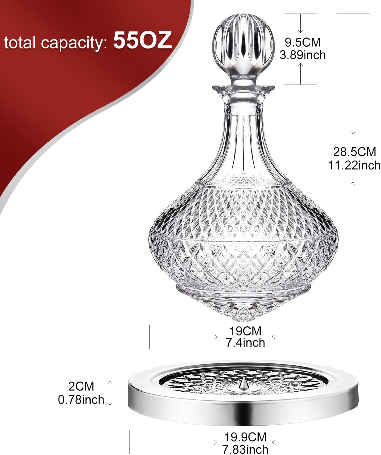 spinning wine decanter with stopper, 50 oz red wine decanter crystal and gift box, for wedding gift, birthday, helovers'day, christmas day.