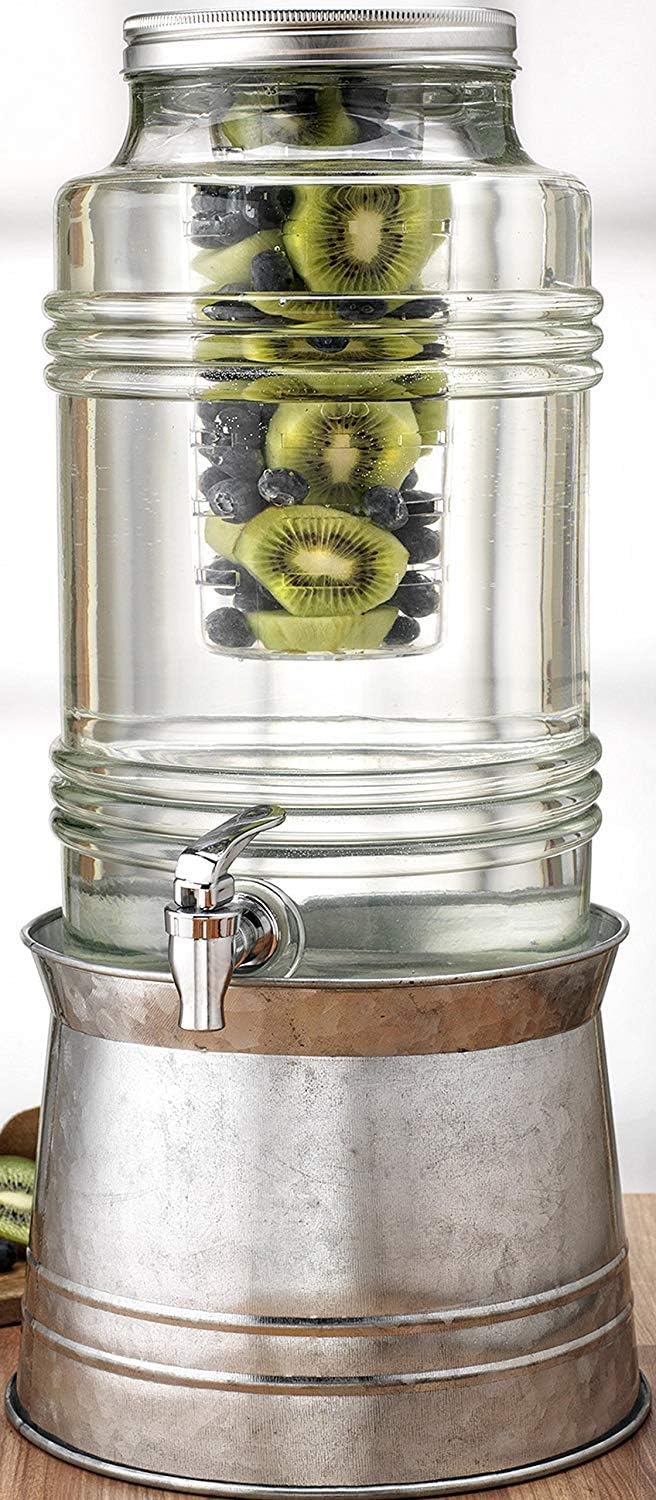 Circleware Breeze Glass Beverage Dispenser with Base Metal Stand Transforms to Ice Bucket, Lid, Fruit Infuser and Ice Insert, Entertainment Kitchen Drinking Glassware, Party, Huge 2.4 Gallons