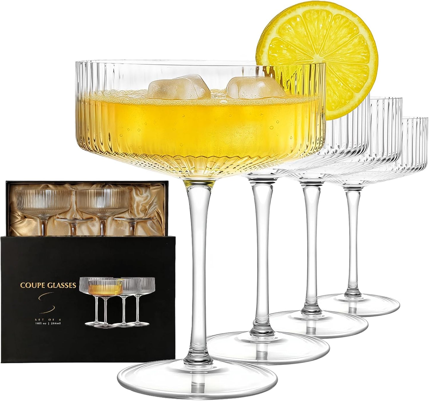 4 Pcs Coupe Glasses, Hand Blown 10 oz Cocktail Glasses, Ribbed Glasses, Gift Boxed Drinking Glass Set, Pefect Gift for Christmas, Espresso Martini, Manhattan, Wine, Champagne Martini Glasses Set of 4