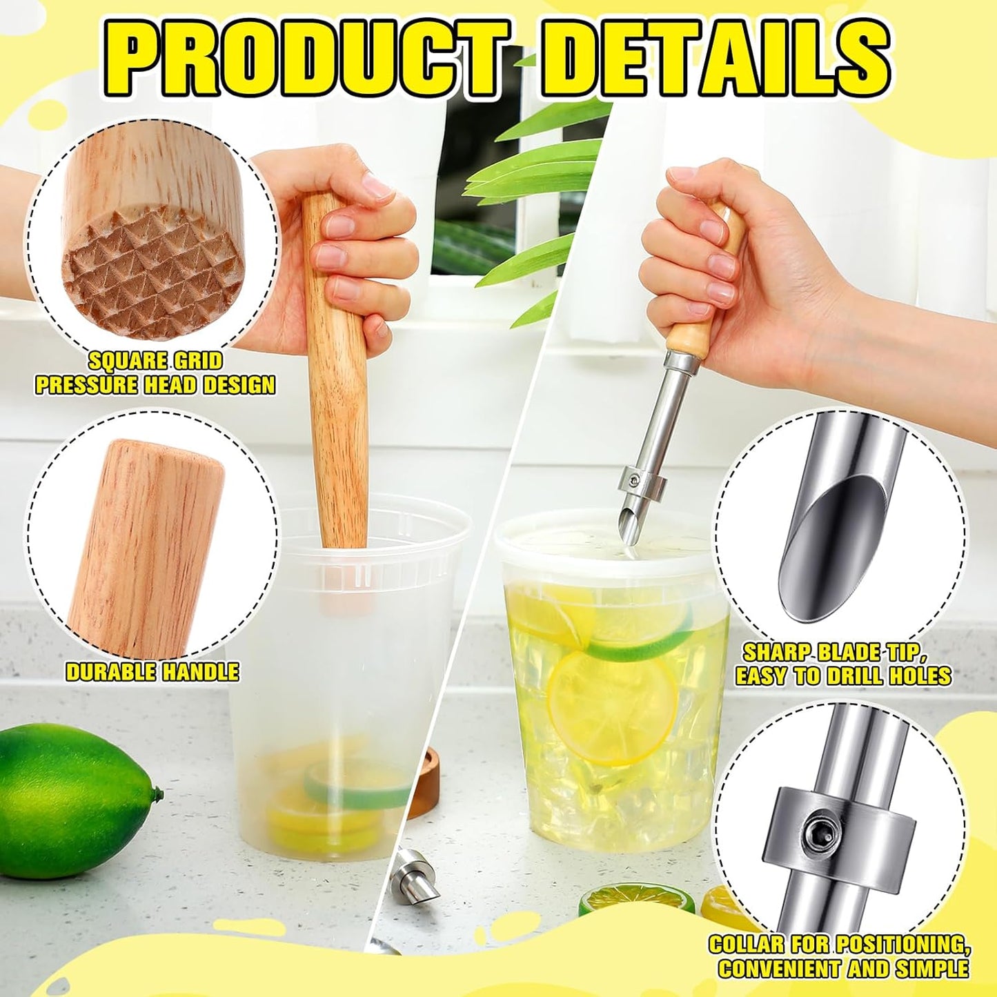 Lasnten 5 Pack Lemonade Stand Supplies Kit Straw Hole Punchers for Plastic Lids Stainless Steel Muddler Mixing Spoon Straw Cleaning Brushes for Lemonade Preparation Wood Handle Hole Punch Tool