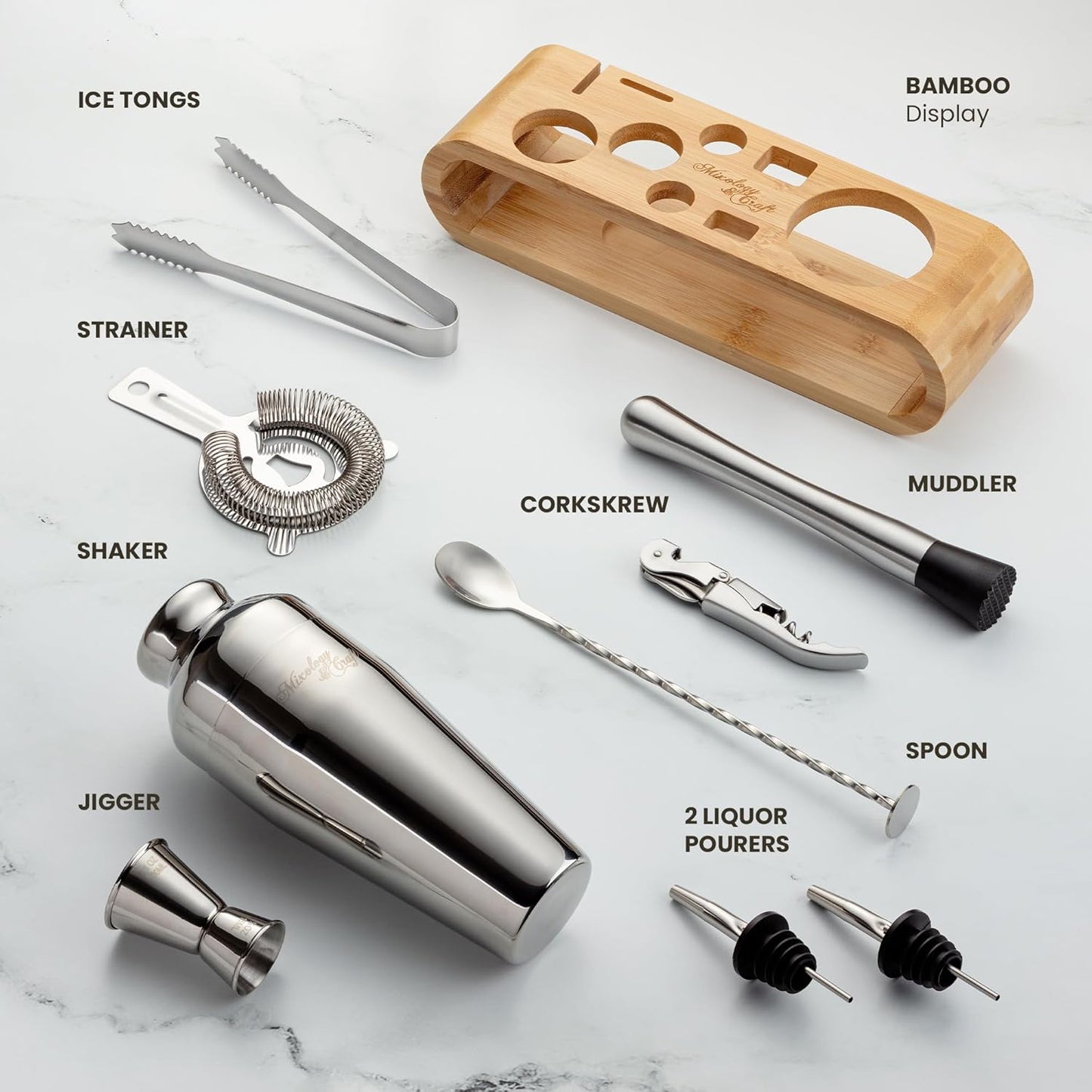 Mixology & Craft Cocktail Shaker Set with Bamboo Stand - Professional 18oz 10-Piece Bartender Kit, Complete Bar Set for Home Use with Jigger, Muddler, Strainer, Spoon, Pourers & Corkscrew (Silver)