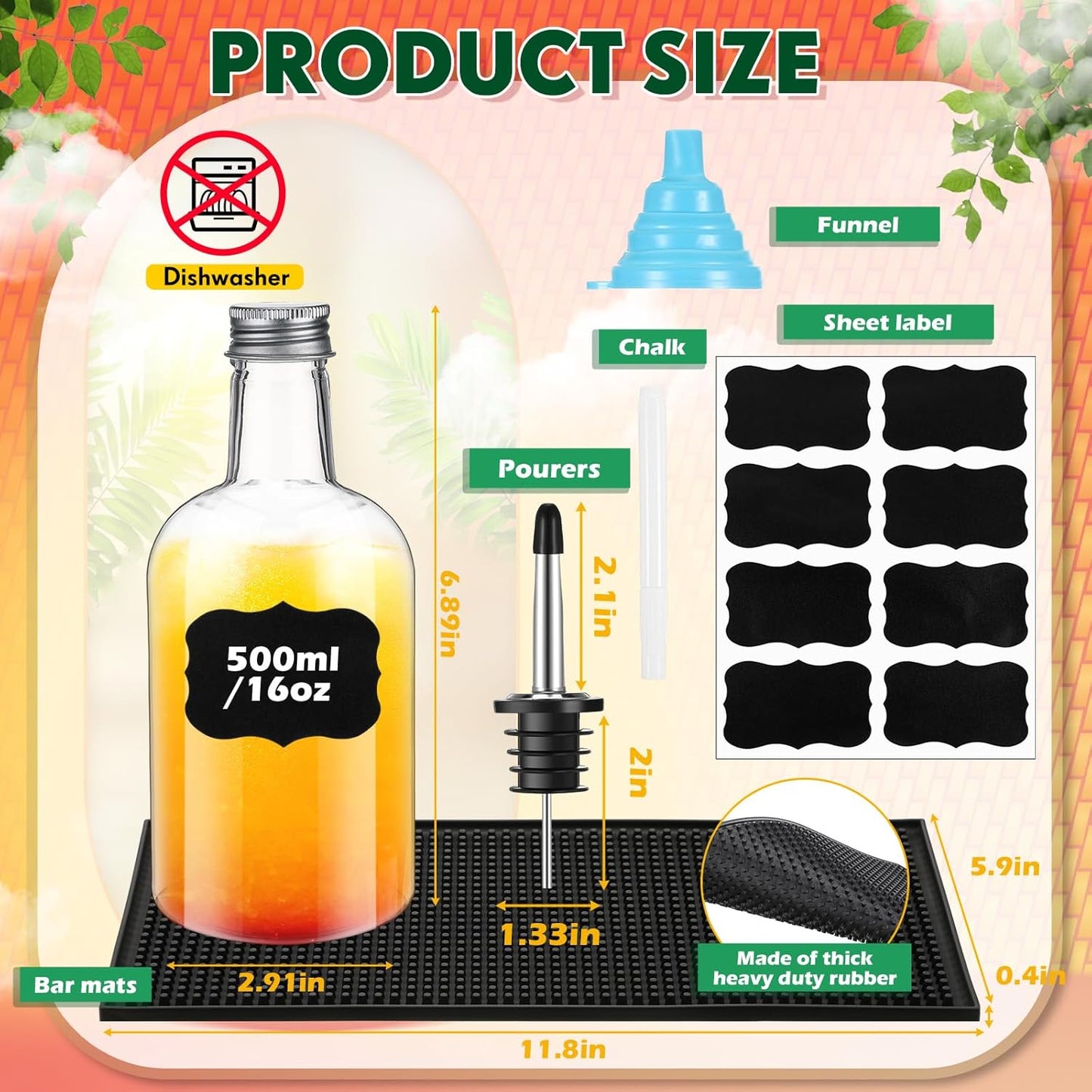6 Sets 16 oz Plastic Long Neck Bottles with Pourers, Caps, Mats for Bartending, Plastic Bar Caddy Organizer for Bar Supplies Liquor Juice Store Syrup Bottles Pourers