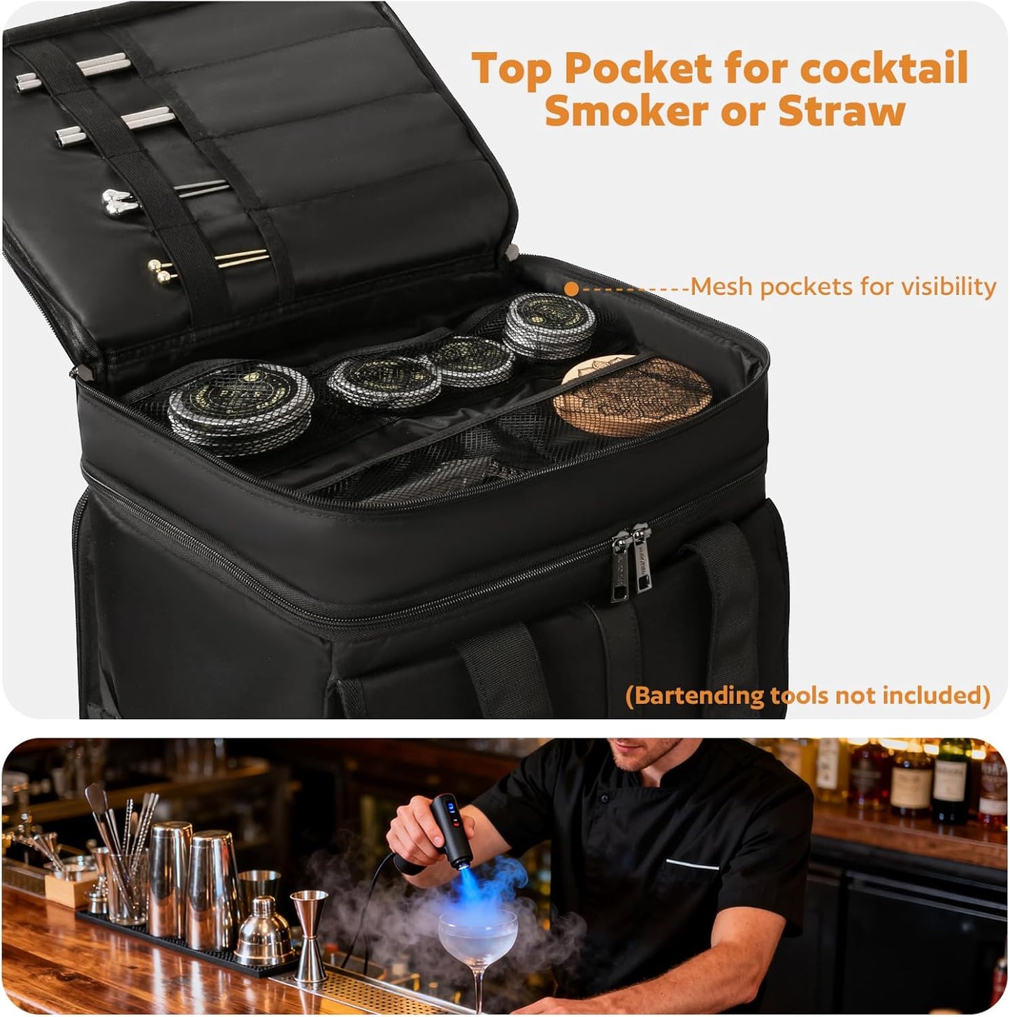Bartender Bag, Leakproof Travel Bartender Kit Backpack for Carrying Bar Kit, Portable Bar Bag for Cocktail Shaker and 6 Wine Bottle, Professional Mixology Gift for Travel Home Party (Backpack Only)