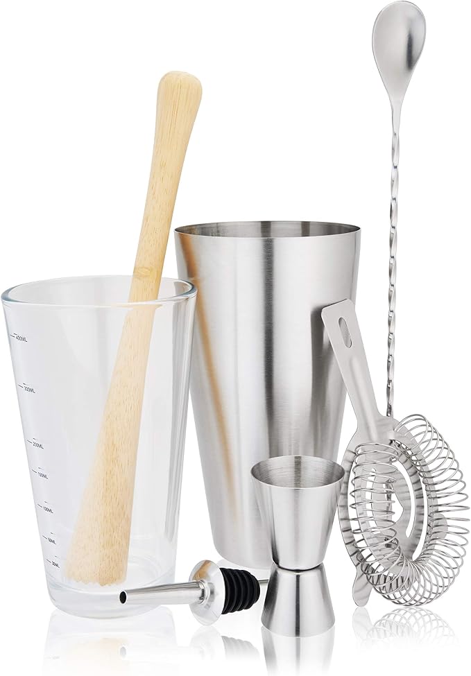 True 20-Piece Cocktail Shaker Bar Set with Wooden Stand Includes Boston Shaker, Mixing Glass, Muddler, Jigger, Strainer, Bartender Kit for Mixed Drinks, Cold Brew Cocktails, Home Bar Tools - B083WN1GN8