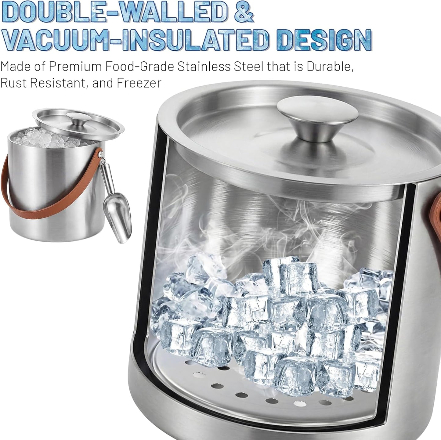 Loungewave Ice Bucket with Lid, 3L Double Wall Insulated Ice Bucket with Scoop, Tong, Strainer and Leather Handle, Ice Container to Keep Ice Frozen Longer, Ideal for Cocktail Bar, Parties