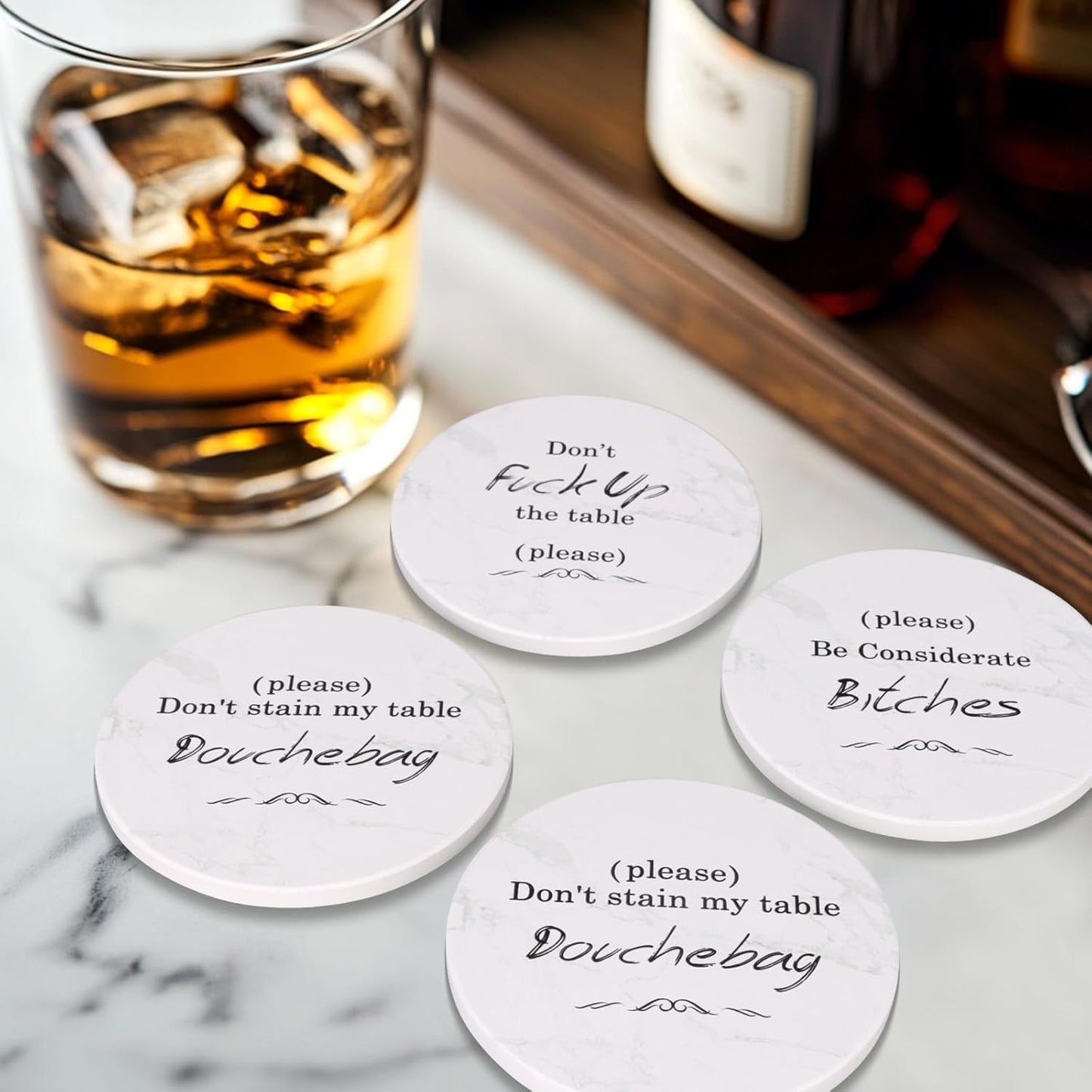 White Elephant Gifts for Adults, Funny Christmas Coasters Set of 6 with Holder Christmas Stocking Stuffers for Men Women, Best Absorbent Round Ceramic Coasters for Coffee Table, Drink, Beer, Bar, Wine