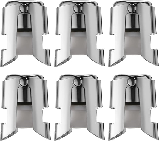 Champagne Stopper 6 Pack Stainless Steel Champagne Save with Food Grade Silicone, Leak-Proof Bubble Retaining Saver, Suitable for Champagne Prosecco Cava and Sparkling (Silver)