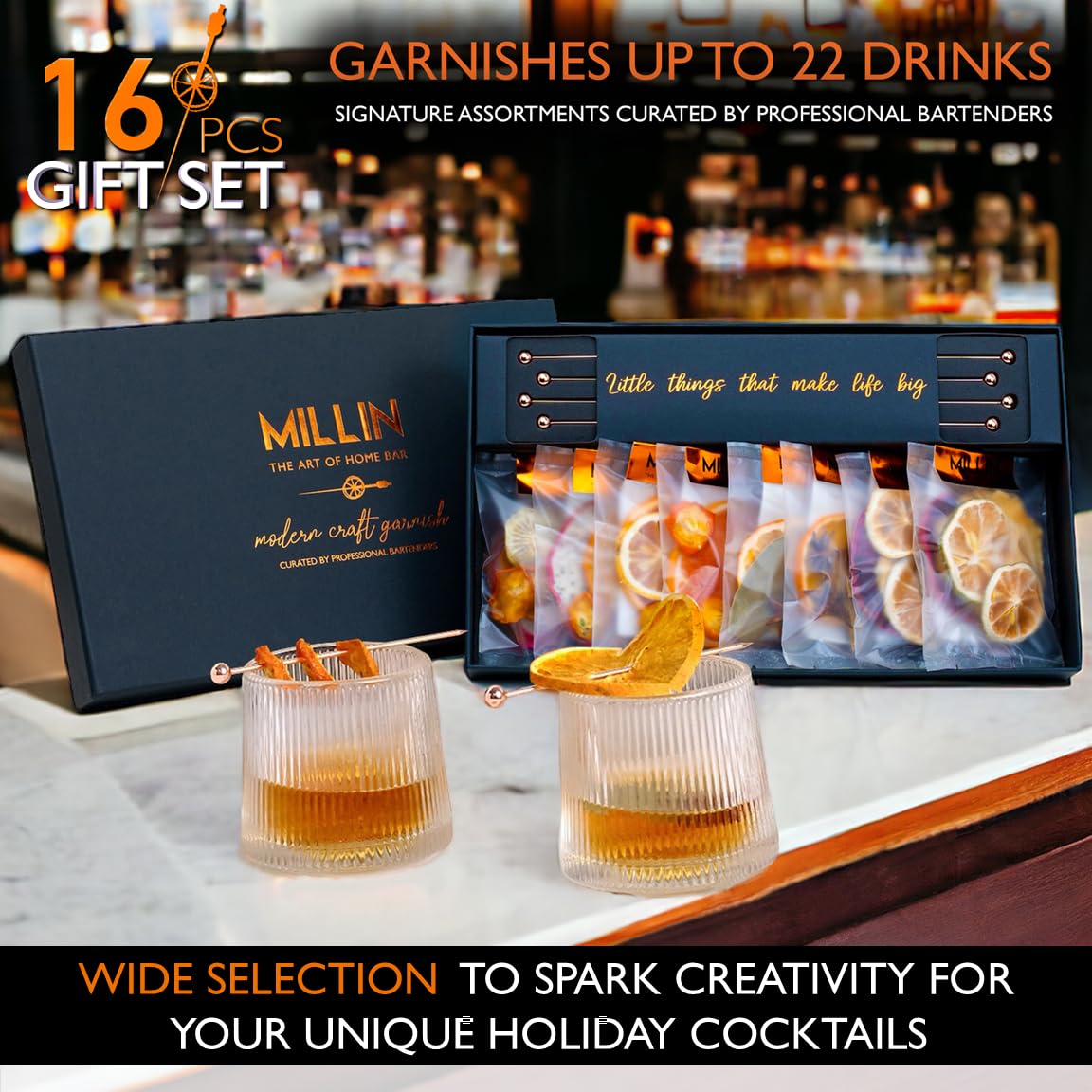 MILLIN GOURMET GARNISH GIFT SET with COCKTAIL PICKS I 100% Natural Dehydrated fruits I Professional Bartenders Men Women Corporate Liquor Holiday Unique Gift -Medium (35 slices + 8 picks)