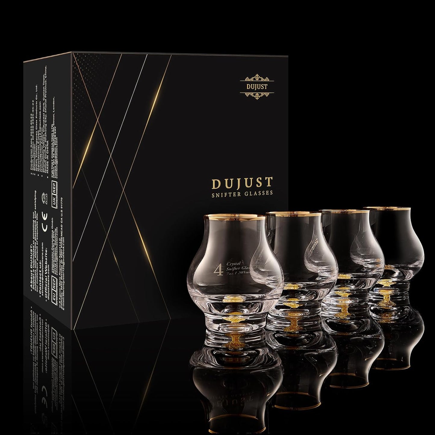 DUJUST‌ Elegant Curvaceous Snifter Glasses Set of 4 (7oz), Crystal Whiskey Glass with 24K Gold Leaf Flakes, ONE OF A KIND, Luxury Glass for Brandy/Bourbon/Tequila, BPA-Free&Lead-Free