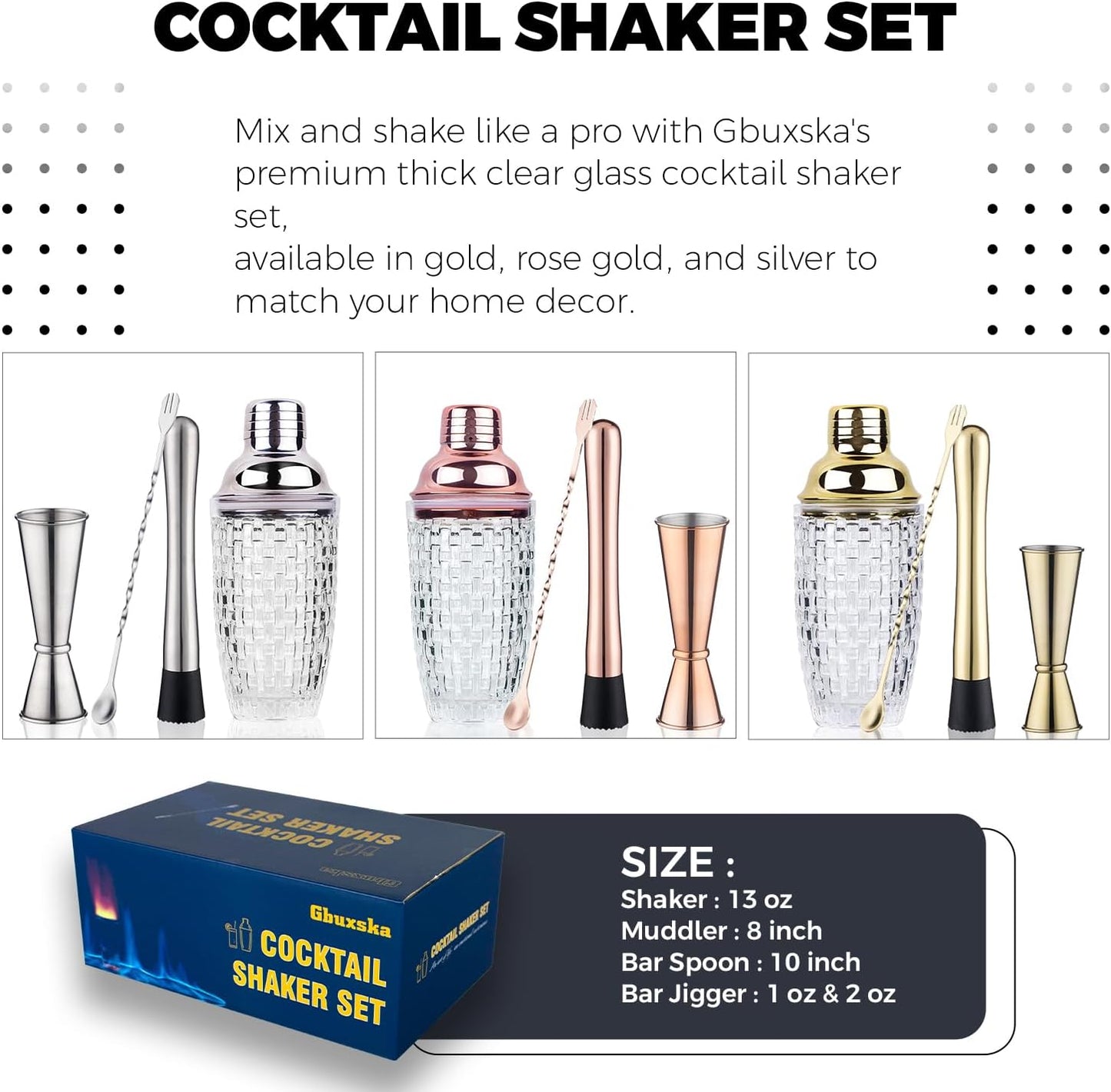 Gold Cocktail Shaker Set - Glass Cocktail Shaker with Strainer - Martini Shaker Set -Matching Cocktail Jigger & Bar Spoon with Muddler – Bartender Kit for Home Bar