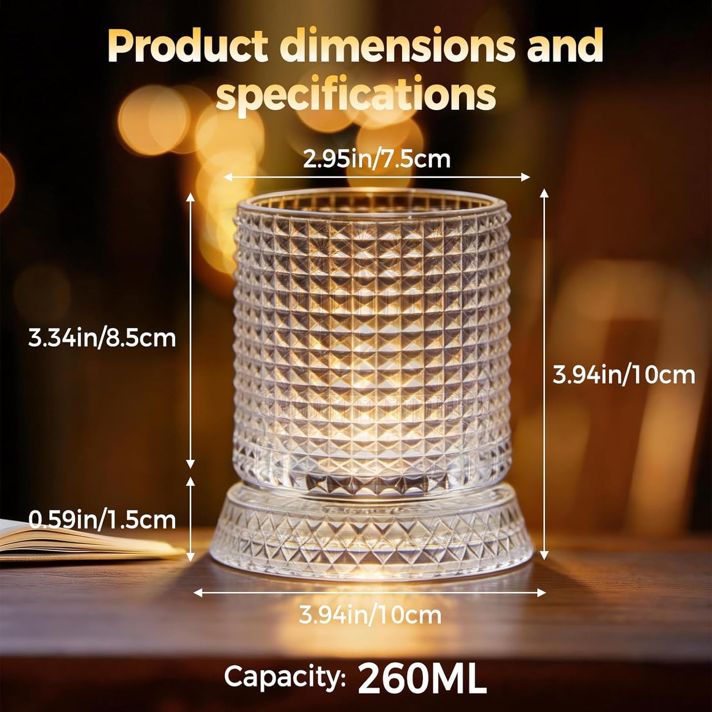 Spinning Whiskey Glass with Ambient Lighting Set, 360 Degree Rotating Crystal Tumbler with Vintage Ribbed Patterns & 4 Color Lighting, Cool Drinking & Bar Accessories (grid pattern)