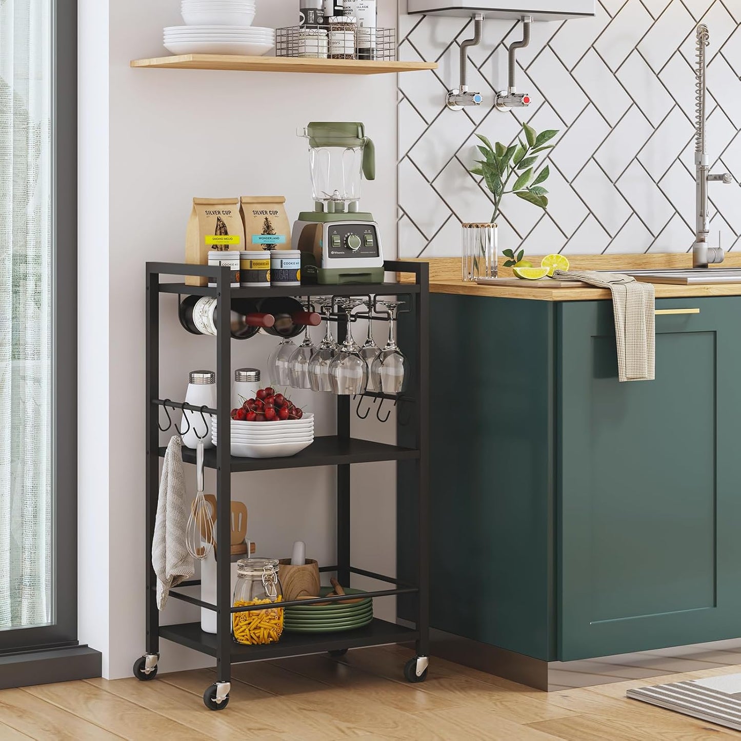 TUTOTAK Bar Cart, Home Bar Serving Cart with 3-Tier Shelf, Drink Cart with Wine Rack, Glass Holder, Rolling bar carts for The Home, Living Room, Brown V1BC01BK035