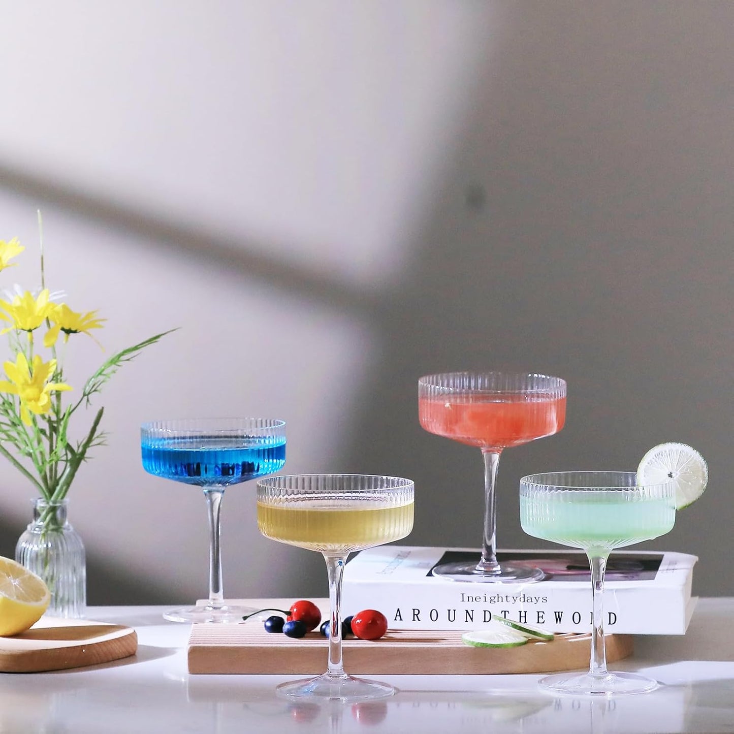 Handblown Crystal Coupe Glasses Set of 4, 9 oz Martini Glass Set with Stem, Elegant Cocktail Glasses for Bar, Margarita, Cosmopolitan, Manhattan, Gimlet, Unique Gift, Mother's Day