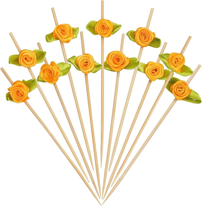 Minisland Multicolor Rose Flower Bamboo Cocktail Picks, Fancy Toothpicks - MSL224-Orange Rose Toothpicks