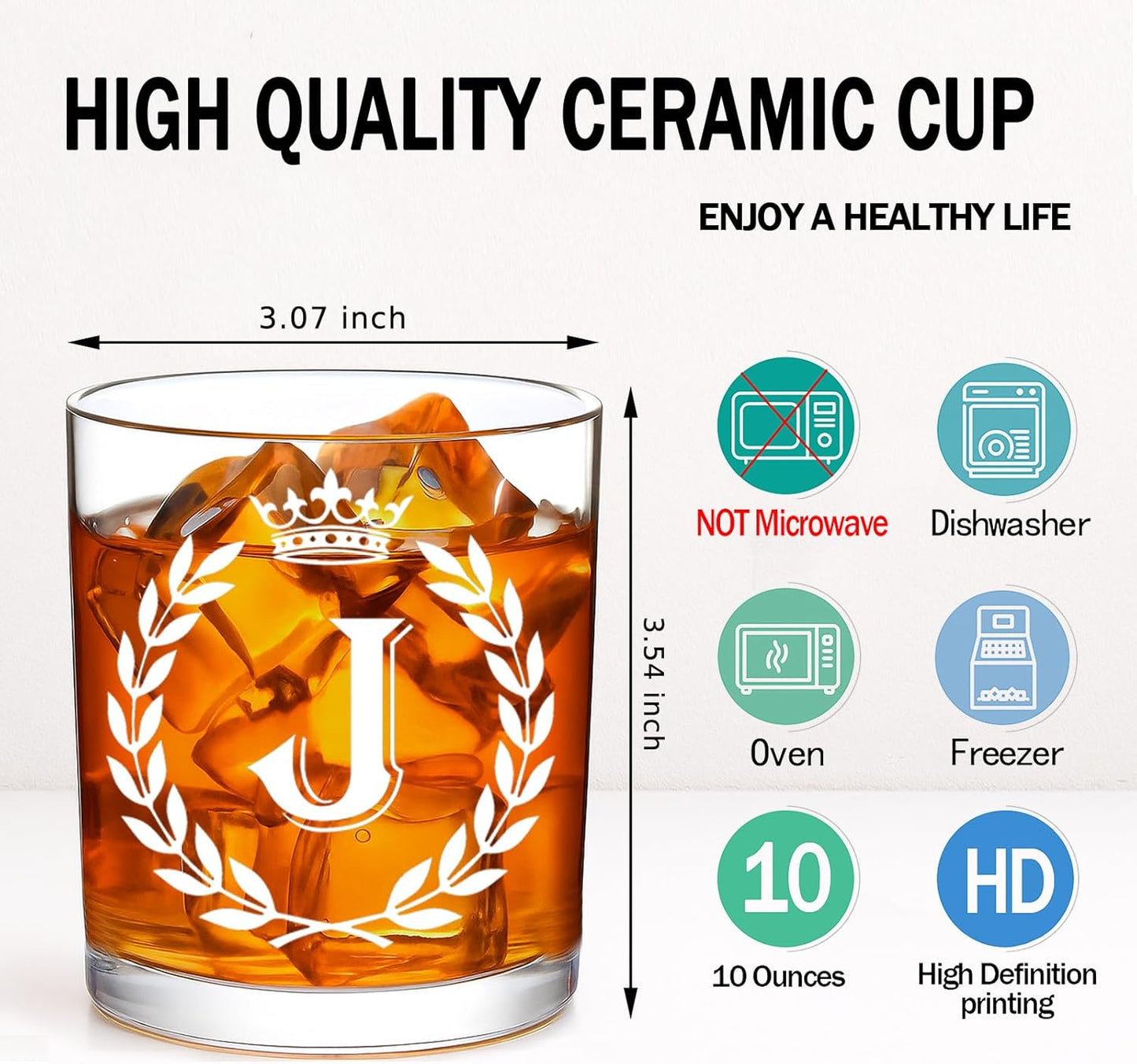 Personalized Whiskey Glasses Gifts for Men, Letter J Initial Whiskey Glass, Christmas Birthday Gifts for Men Husband Brother Dad, 10 OZ Old Fashioned Glass with Gift Box(Letter J)