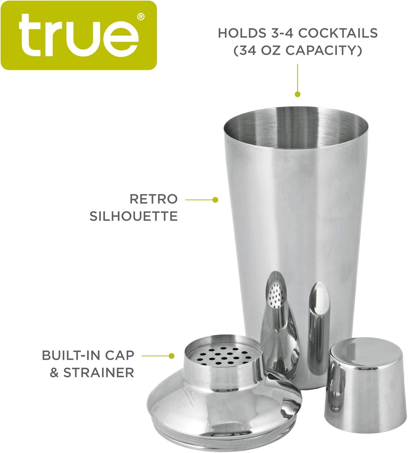 True Retro Stainless Steel Cocktail Shaker, Cold Brew Cocktails, Margarita, Whiskey Sour, Elegant Espresso Martini Shaker with Strainer and Jigger Cap, Home Bar Tools, Bartender Gifts, 34 oz, Silver