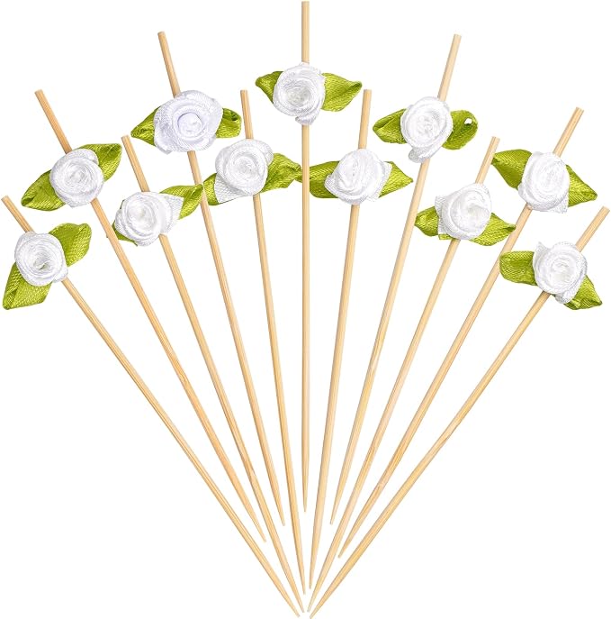 Minisland Multicolor Rose Flower Bamboo Cocktail Picks, Fancy Toothpicks - MSL227-White Rose Toothpicks