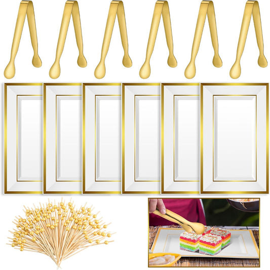 FillTouch 112 Pcs Summer Gold Dinnerware Set Include 6 Disposable Rectangle Serving Trays with Gold Rim 6 Small Sugar Tongs 100 Pearl Bamboo Cocktail Toothpicks for Wedding Party Table Appetizer