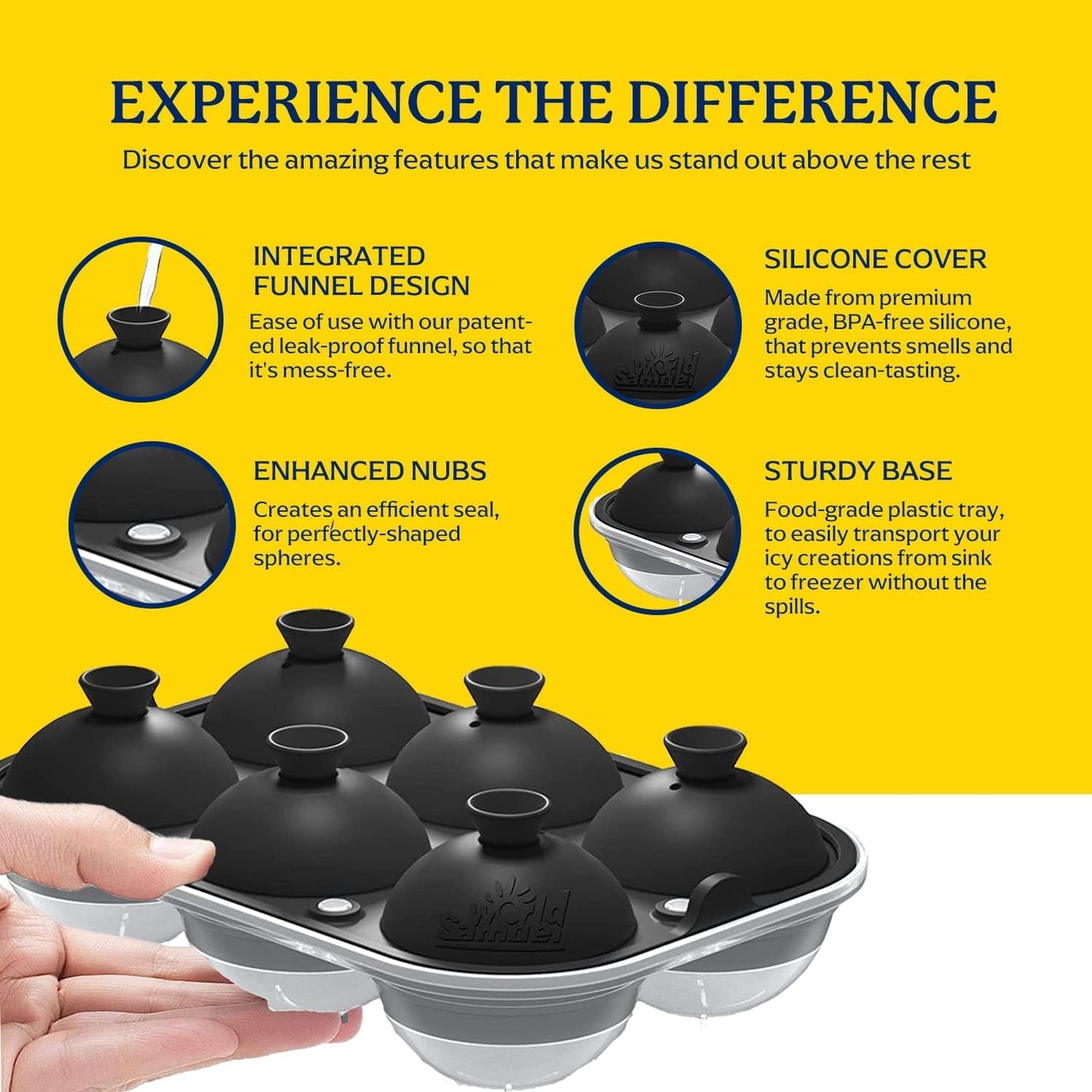 Samuelworld Large Ice Ball Maker with Lid, 12 x 2.5 Inch Ice Balls - Food Grade, Easy To Fill Round Silicone Ice Tray, Perfect Spheres Craft Ice Maker for Whiskey, Cocktails, Gifting - Black