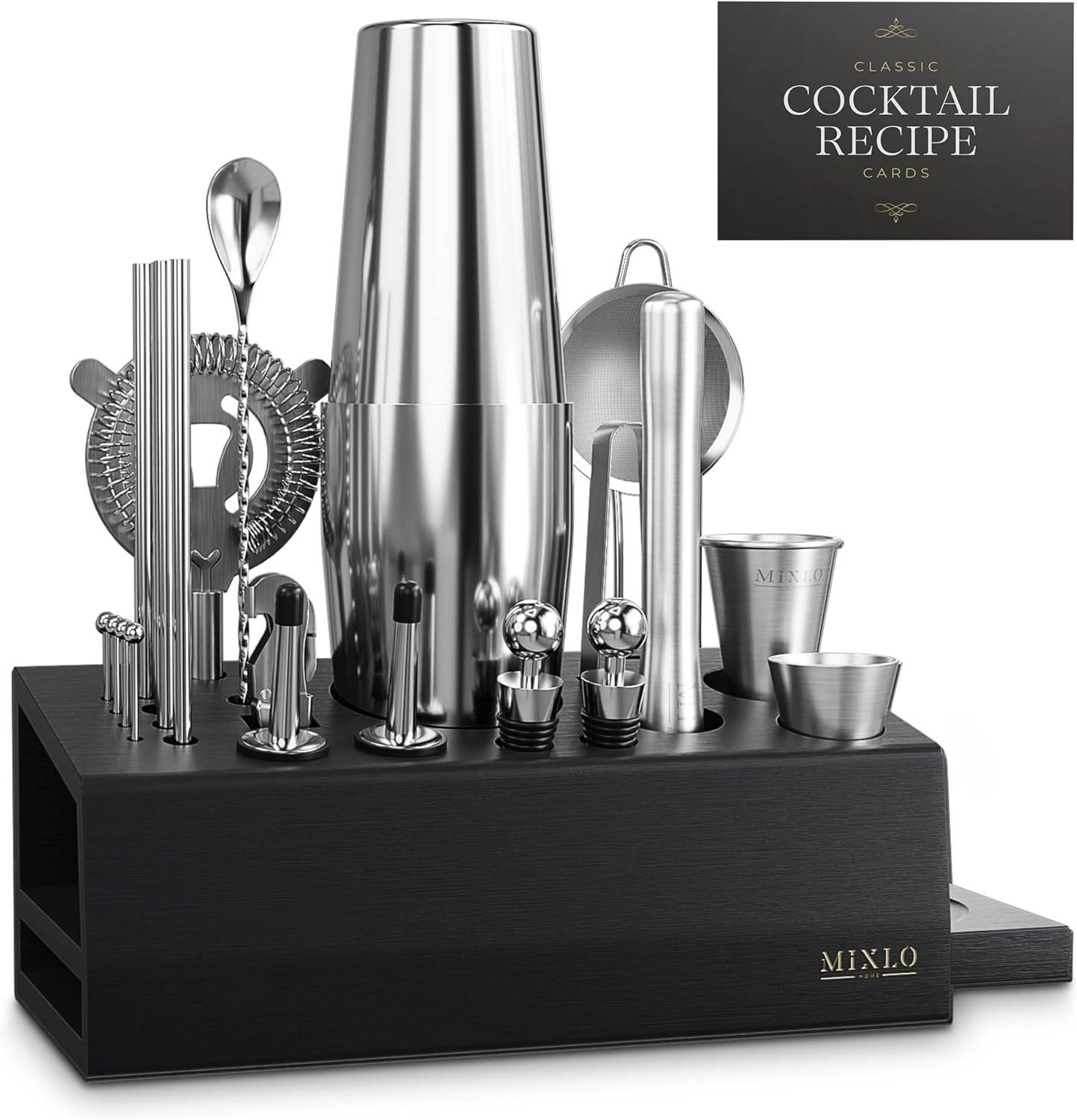 Mixology Bartender Kit - 22Pcs Bar Set Cocktail Shaker Set w Black Bar Cart Accessories Stand - Shakers Bartending Silver Tools, 24oz Shaker, 17 Recipe Cards, Martini Barware
