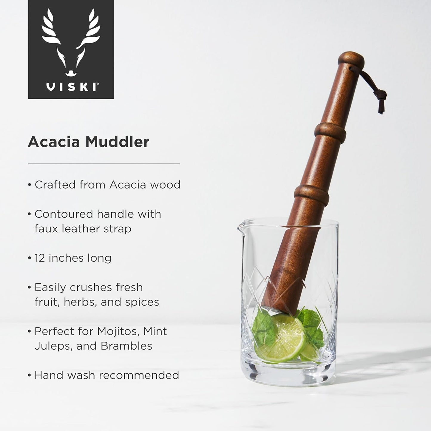 Viski Acacia Wood Cocktail Muddler Bar Utensils, Wooden Muddler Bar Essentials, Barware Muddler for Cocktails, 12in Wood Set of 1