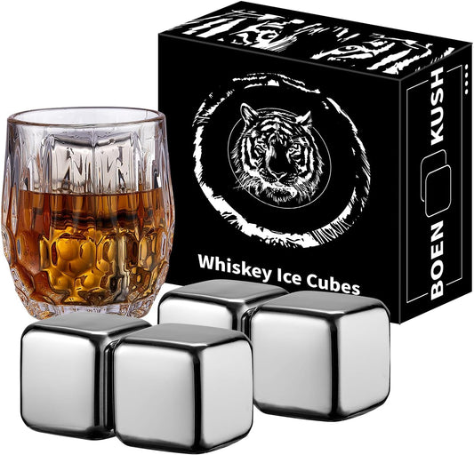 4 Large Whiskey Stones 64 cm³ (4 cu in) - Man Gift Set - Reusable Stainless Steel Metal Ice Sphere Cubes Beverage Chilling Rocks Whiskey Stones for Red Wine, Bar Beer, Scotch, Vodka Drinks - Silver
