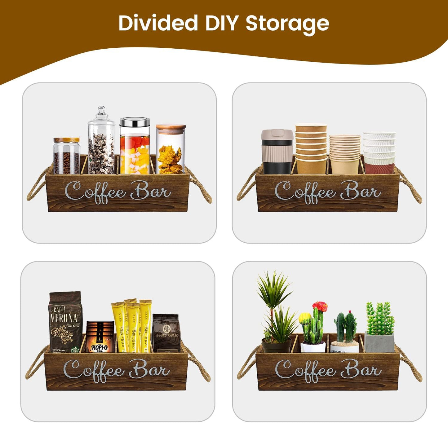 QUALLON Coffee Station Organizer with Small Removable Dividers, Wooden Coffee Bar Accessories Storage For Countertop, Farmhouse Kcup Coffee Pod Holder Basket With Handle For Coffee Lover