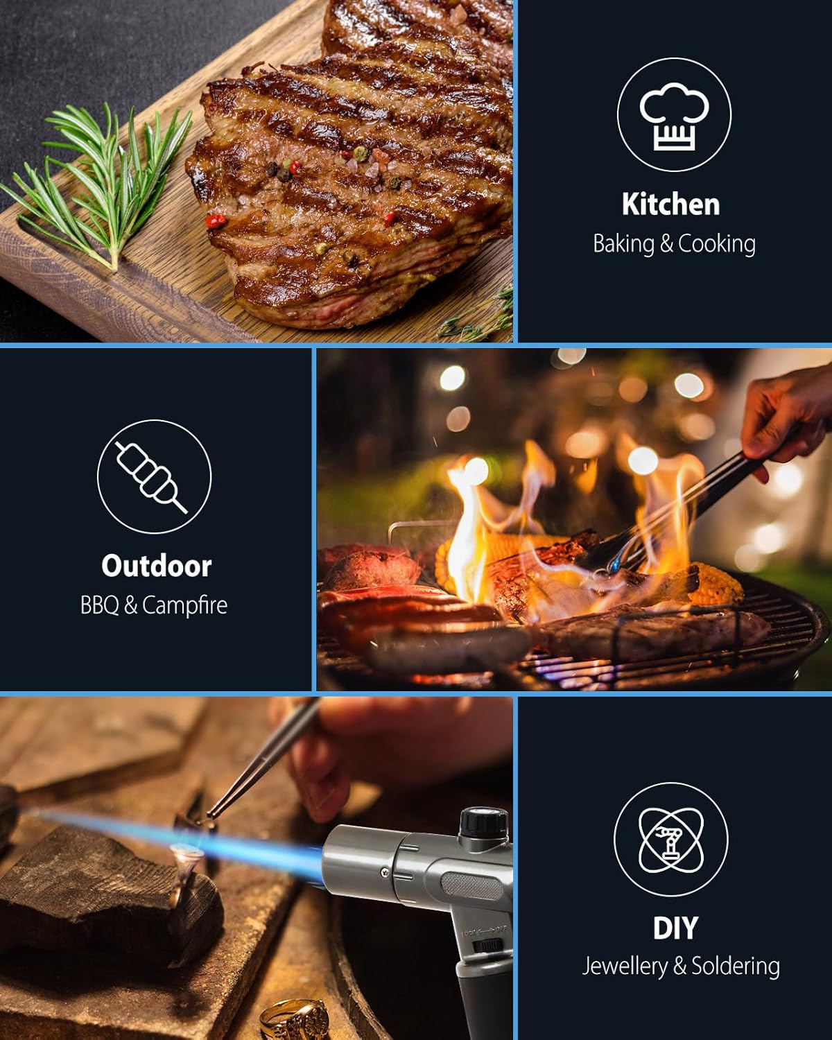 RONXS Torch Lighter, Refillable Kitchen Butane Torch, Cooking Torch with Safety Lock and Adjustable Single/Dual Flame for Creme Brulee, BBQ, Baking, Crafts and Soldering (Butane Gas Not Included)
