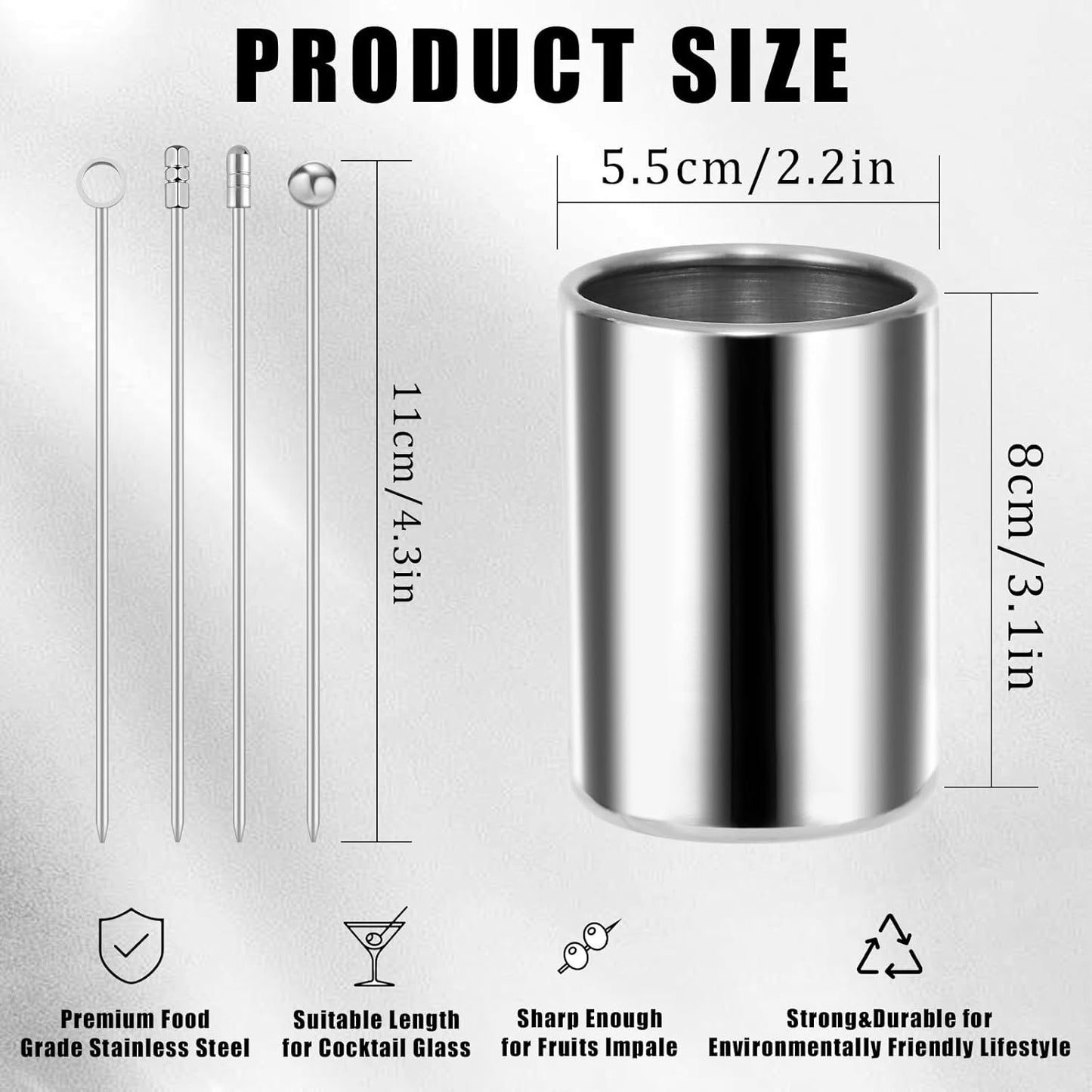 Metal Cocktail Picks, 16Pcs Martini Picks, Reusable Stainless Steel Drink Stick with Storage Cup, Bloody Mary Skewers for Appetizers Sandwiches, BBQ Snacks, Olives Fruits