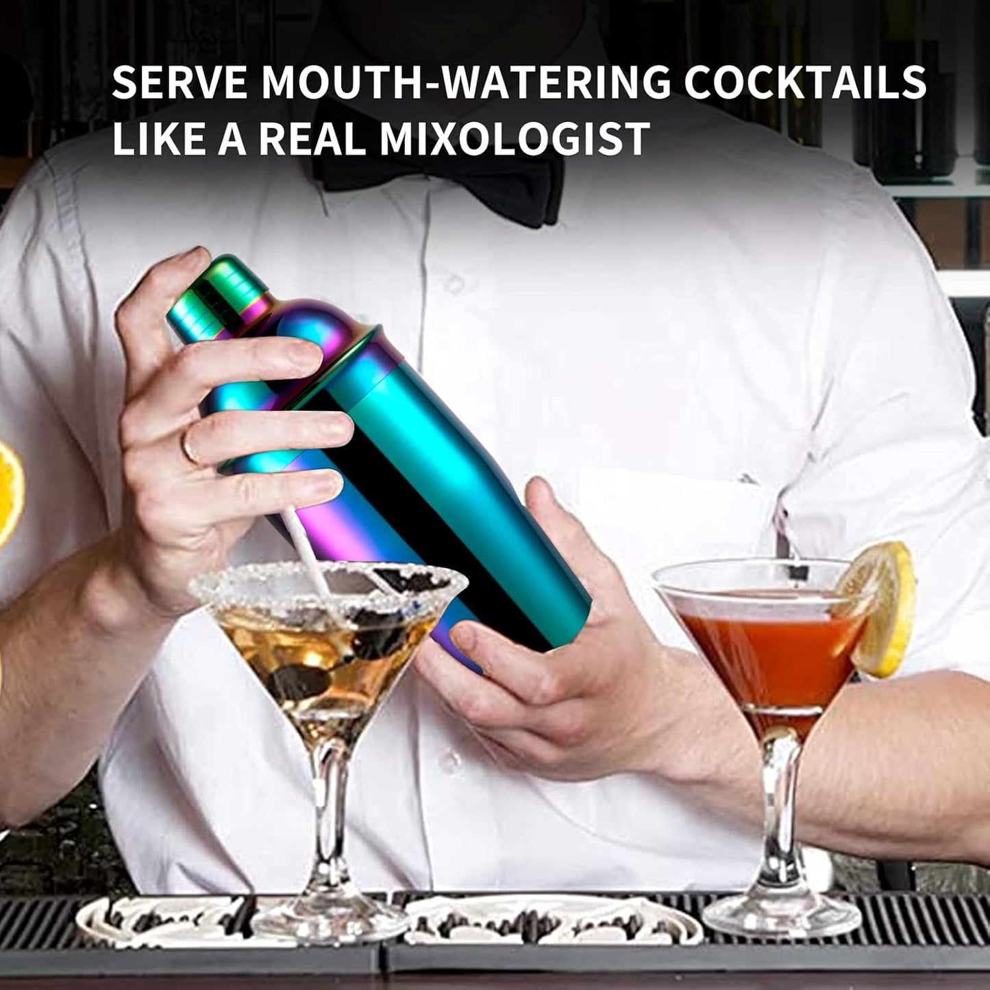Safring 24oz Cocktail Shaker Bar Set, Martini Shaker with Built-in Strainer, Measuring Jigger, Mixing Spoon, Professional Stainless Steel Large Bartender Drink Shaker Margarita Alcohol Mixer-Rainbow