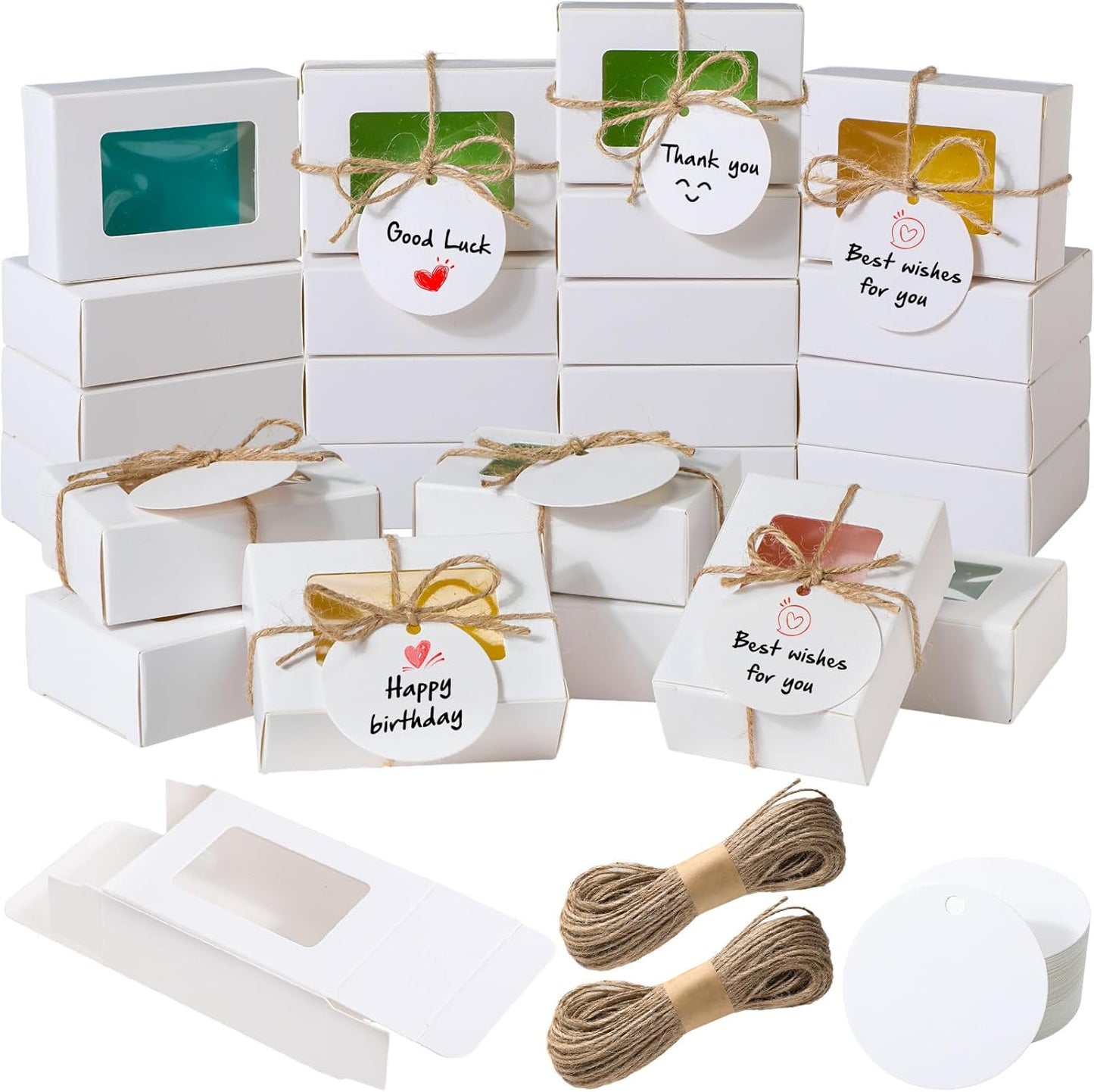 Zhanmai 100 Set White Small Soap Boxes for Homemade Soap, 3.35 x 2.36 x 1.2 Inch Paper Packaging Boxes with Window, with 100 Tag and Twine, Gift Wrapping Supplies for Bakery Candy Cookies Party Favors