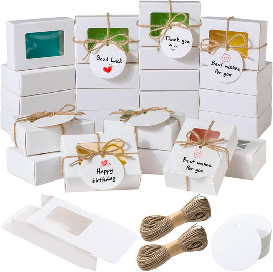 Zhanmai 100 Set White Small Soap Boxes for Homemade Soap, 3.35 x 2.36 x 1.2 Inch Paper Packaging Boxes with Window, with 100 Tag and Twine, Gift Wrapping Supplies for Bakery Candy Cookies Party Favors