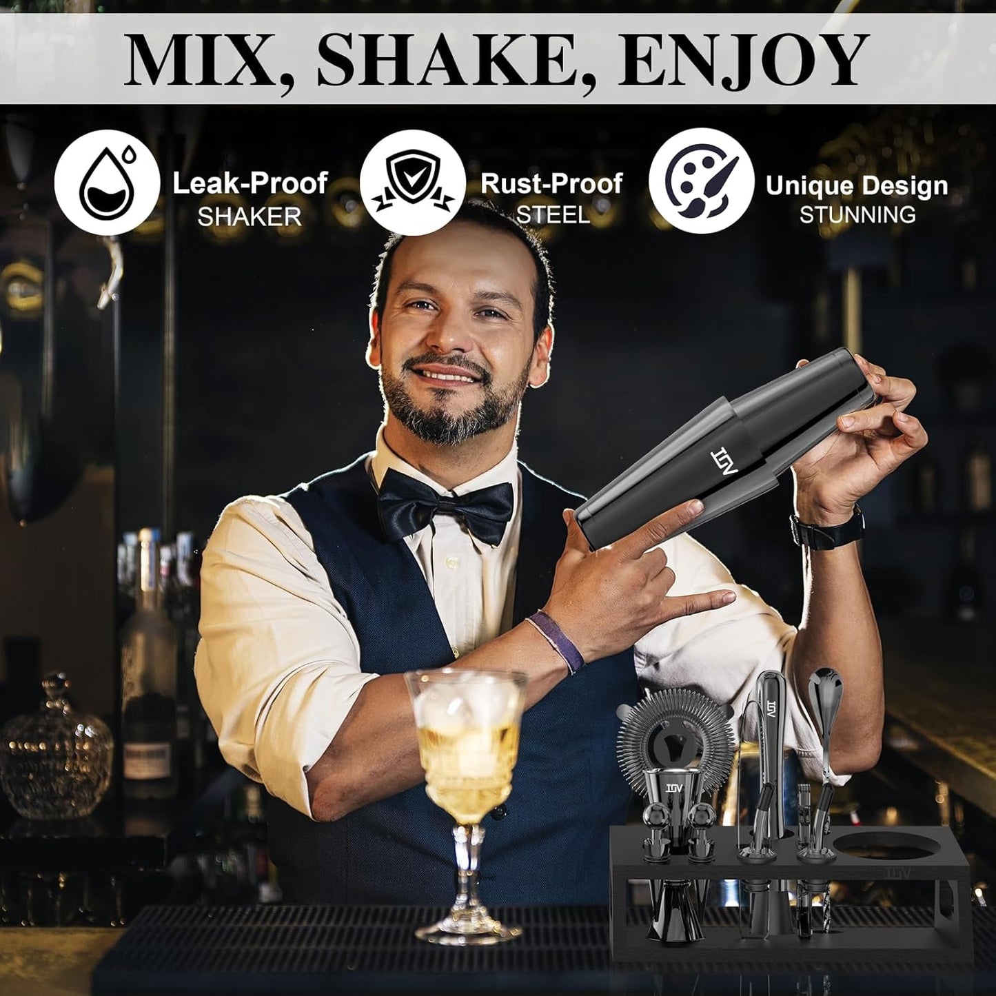 IOV Cocktail Shaker Set: 12-Piece Mixology Bartender Kit Bar Set | 18oz & 28oz Boston Shaker Drink Mixing Tools for Home with Recipe Booklet and Stand | Fun Housewarming Gift (Black)