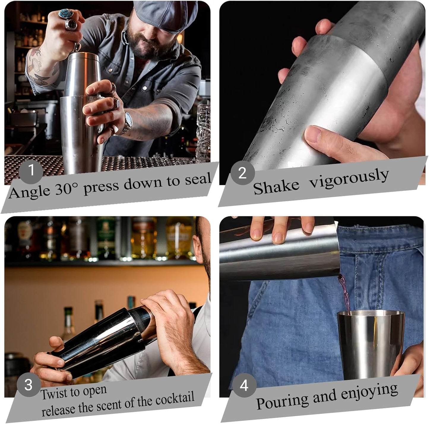 Boston Cocktail Shaker, 18oz & 28oz 2-Piece Tins, Professional Bar Shaker for Bartending, Cocktail Shakers, Essential Bar Tools for Mixing Drinks（Sliver）