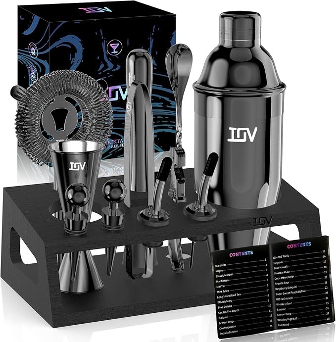 IOV Cocktail Shaker Bar Set, 24oz Martini Shaker with Built-in Strainer, Bar Tool Kit with Recipes Booklet, Professional Stainless Steel Large Bartender Drink Shaker Margarita Alcohol Mixer-Rainbow - 12 Pcs - Black