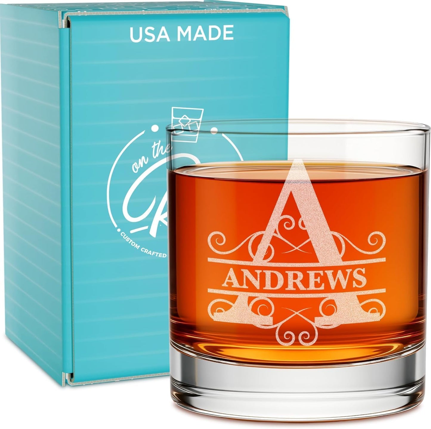 On The Rox Personalized Whiskey, Bourbon Glass Gifts for Men - 11 oz Engraved Name Monogram Scotch Glass - Customized Cocktail, Rocks, Brandy Glass Drinks