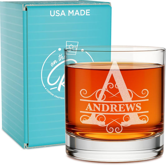 On The Rox Personalized Whiskey, Bourbon Glass Gifts for Men - 11 oz Engraved Name Monogram Scotch Glass - Customized Cocktail, Rocks, Brandy Glass Drinks