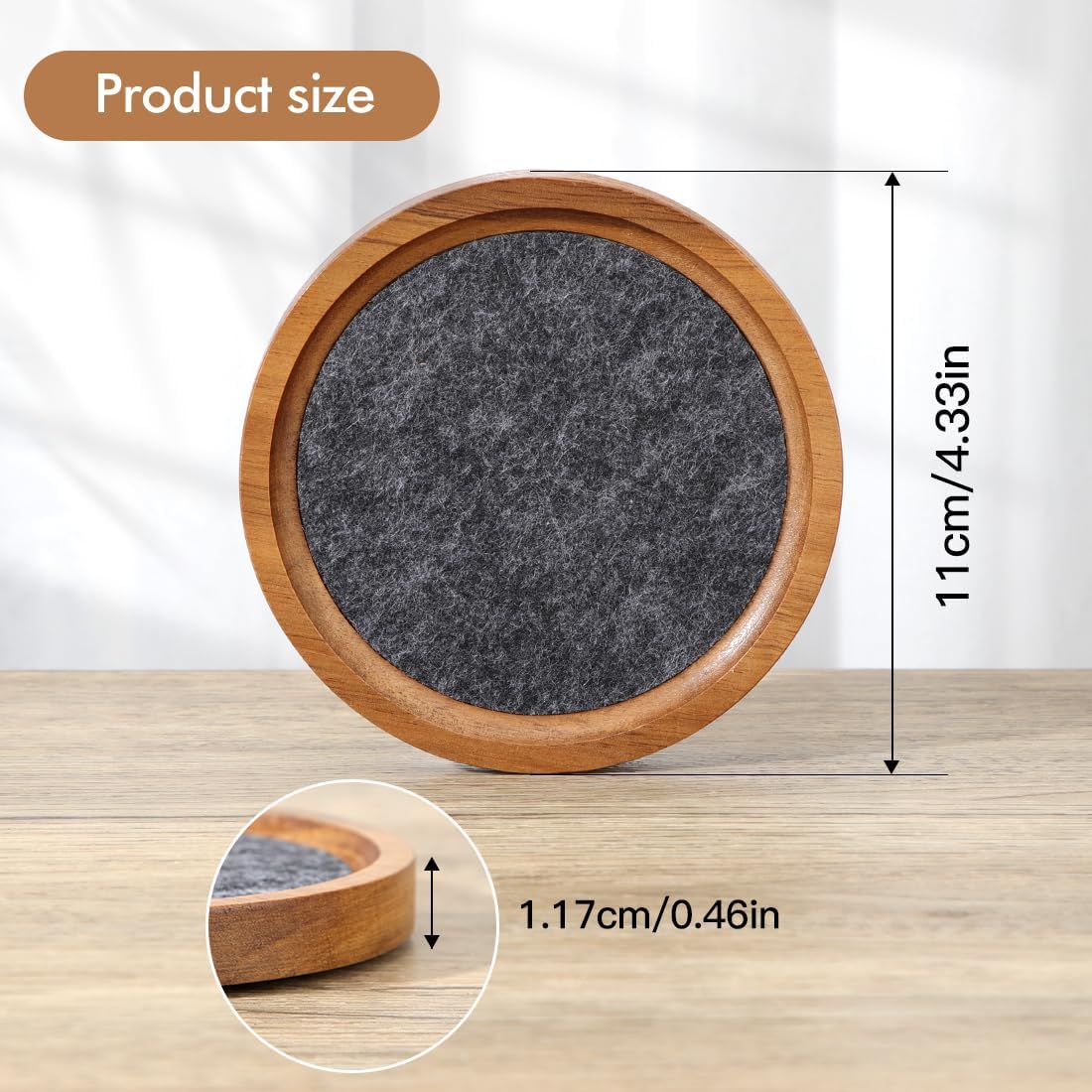 Acacia Wood Coasters for Drinks, HALE OTEIR 4.13 Inch Felt Wooden Coasters for Coffee Table Absorbent Set of 6 with Holder, Natural Wood Stackable Reusable Coasters for Home Office Coffee Bar Table