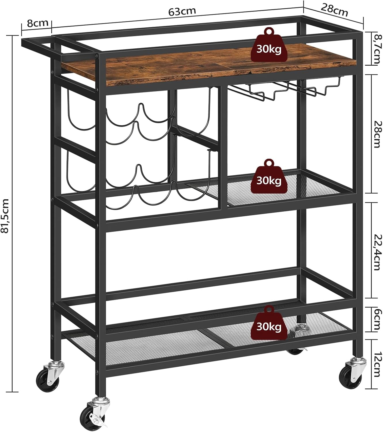 MAHANCRIS Bar Cart for Home, 3-Tier Serving Cart with Wheels and Handle, Beverage Cart with Wine Rack and Glass Holders, Rolling Wine Cart for Kitchen, Dining Room, Rustic Brown RCHR6101