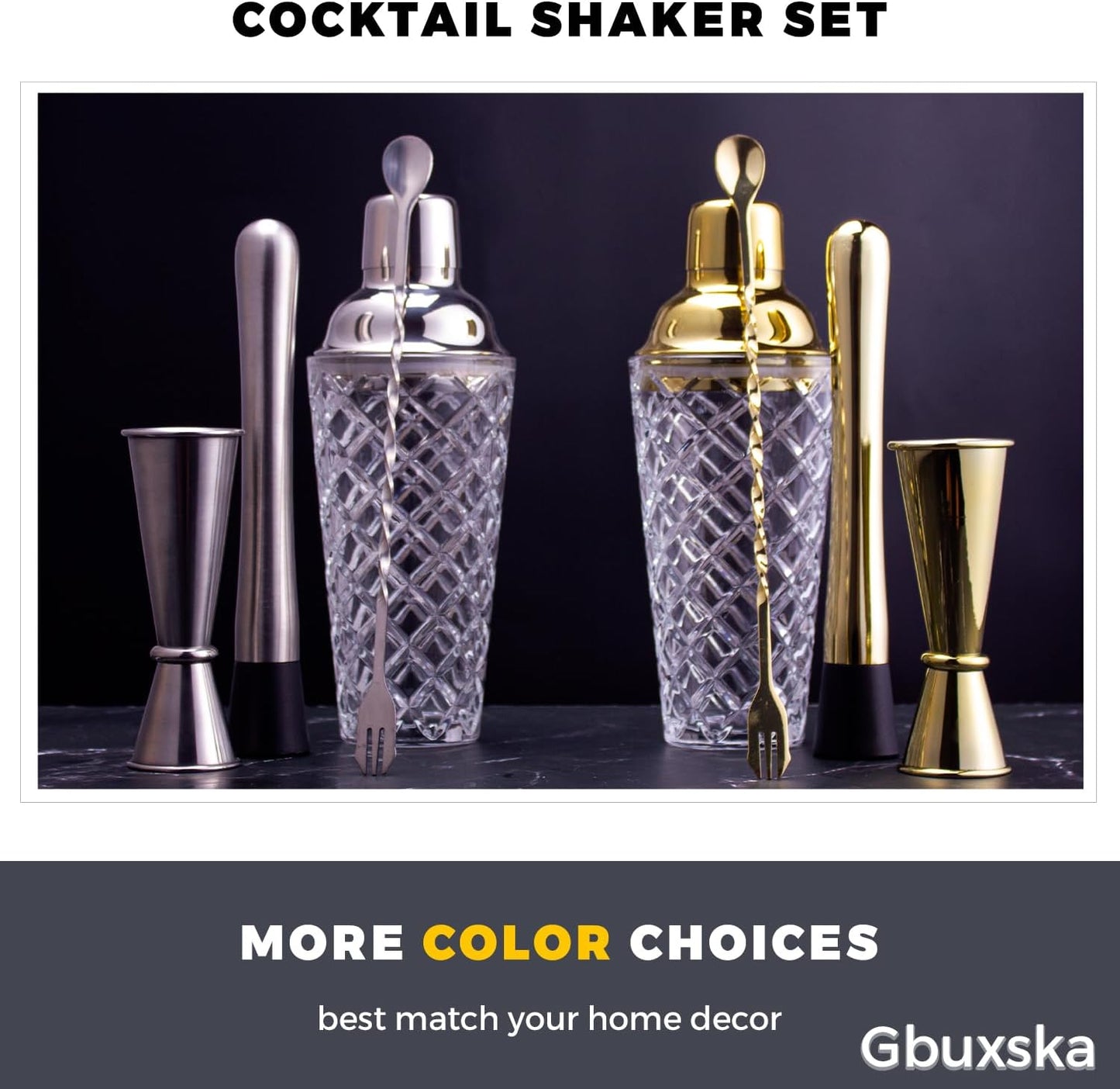 Gold Cocktail Shaker Set - Premium Glass Bartender Kit with Measuring Jigger, Mixing Spoon, and Muddler