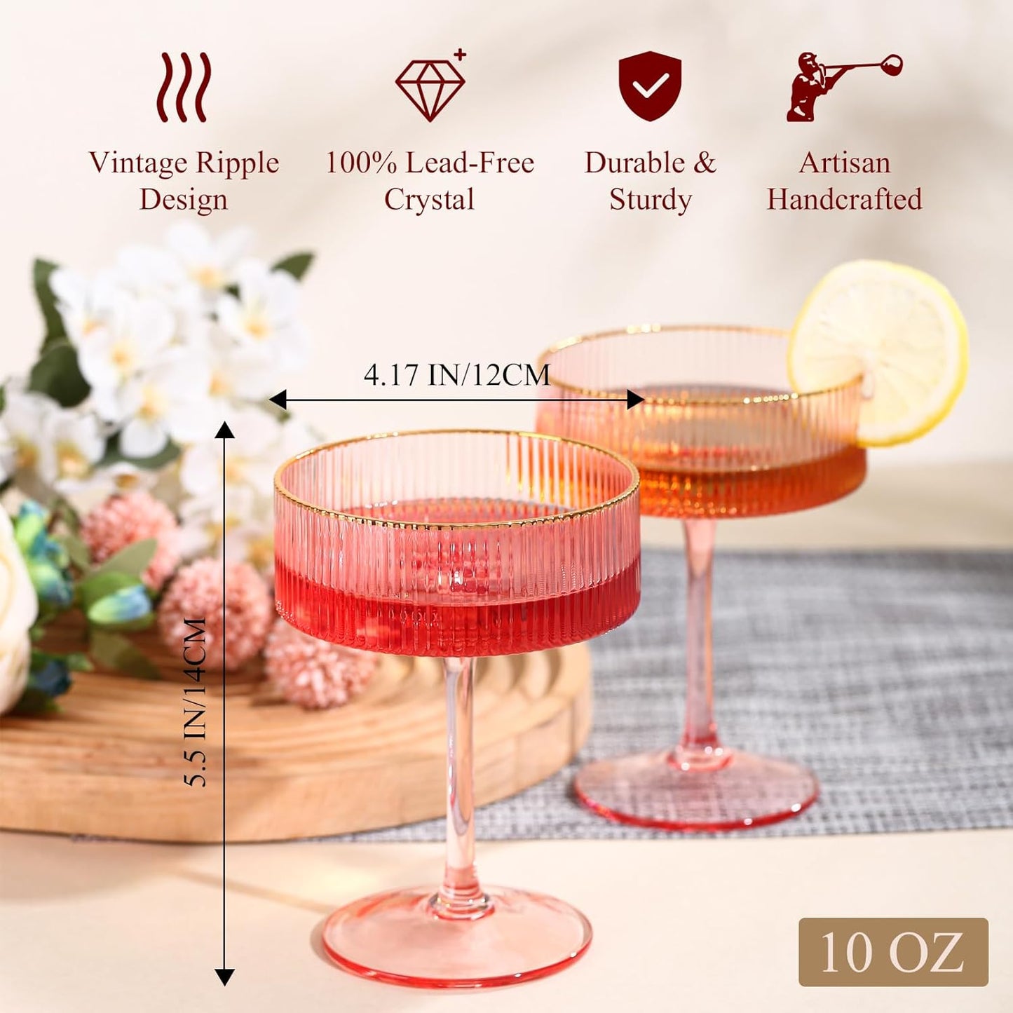 comfit Pink Martini Glasses Set of 4 with Bar Spoon – 10 Oz Espresso Vintage Coupe Ribbed Glasses with Gold Rim for Cocktail Champagne, Ideal Home Bar Gift for Women Mother's Day