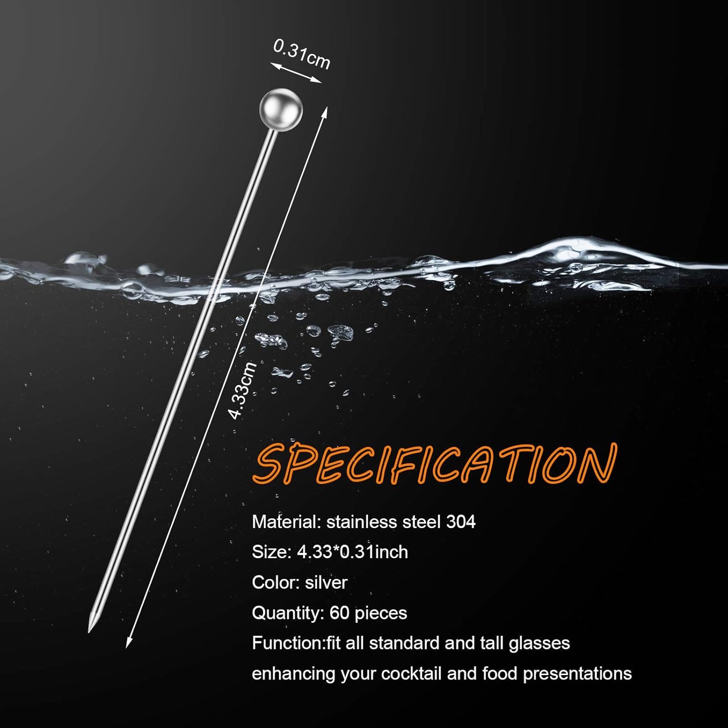 60 Pieces Cocktail Picks Stainless Steel Cocktail Skewers Set Reusable Metal Martini Picks 4.3 Inches Sandwich Appetizer Toothpicks for Party Home Bar