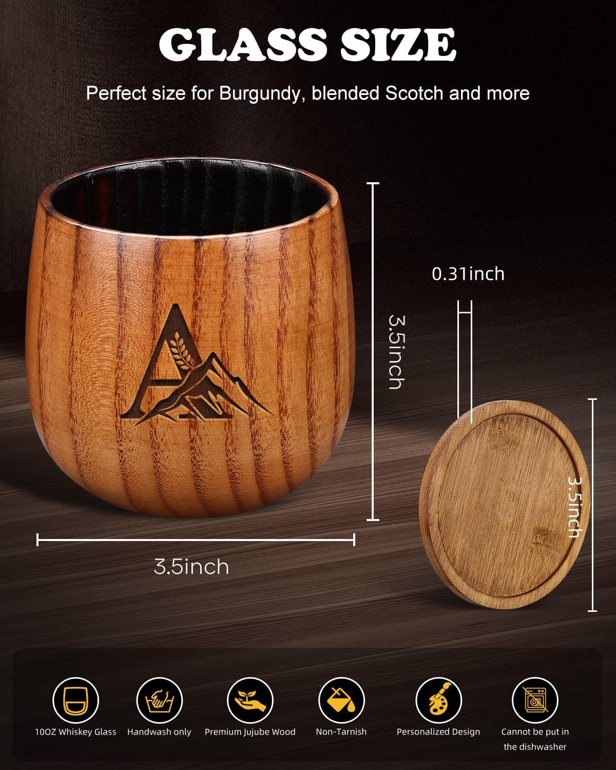 Charred Wooden Whiskey Glasses Personalized Bourbon Drinking Glass Ideas Gifts for Men Husband, Dad, Brother, Whiskey Lovers Birthday Insulated Old Fashioned Glass Whiskey Tumbler A