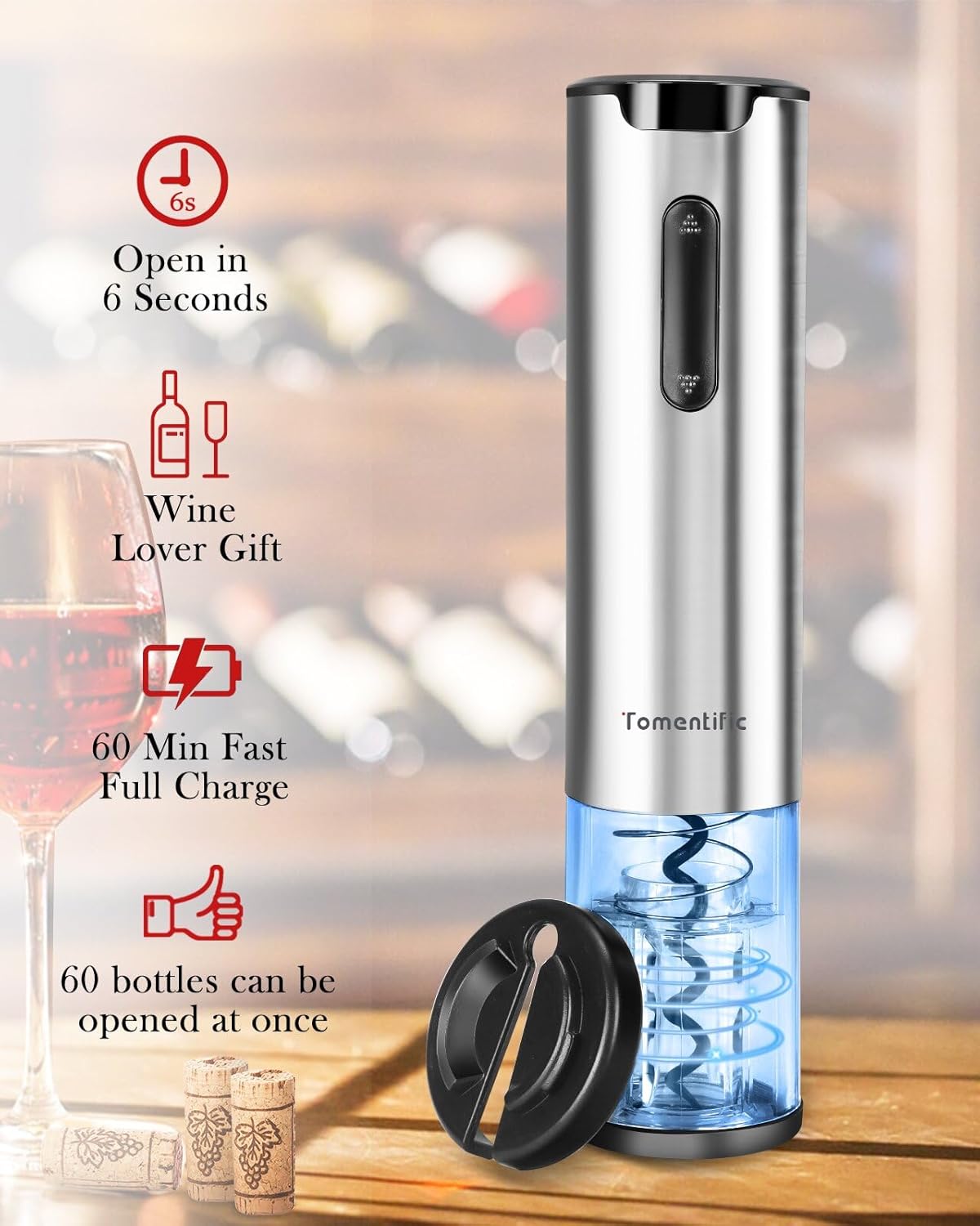 Electric Wine Opener Tomentific, Rechargeable Automatic Wine Corkscrew Bottle Opener With Foil Cutter, Type-C Charging Wine Openers With LED Light For Home Party Wedding Gifts (Stainless Steel)