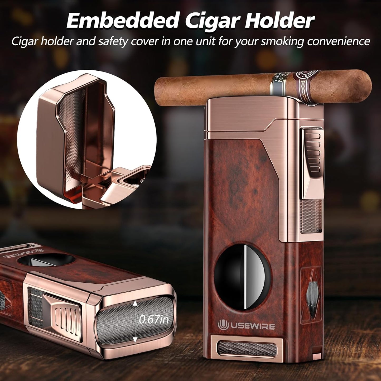 Cigar Lighter, Multifunctional Lighter with V-Cigar Cutter, Cigar Holder, Cigar Punch and Cigar Draw Enhancer, Fillable Butane Torch Lighter, Multi-Purpose Cigar Accessory, Cigar Gifts