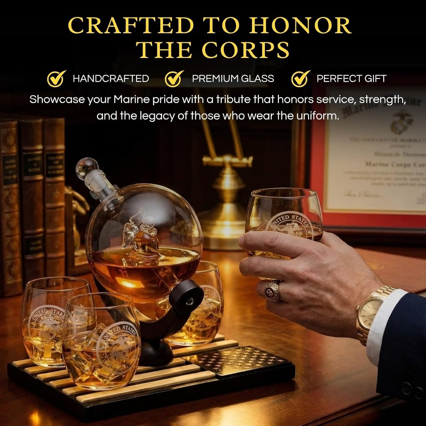U.S. Marine Globe Whiskey Decanter Set with 4 Liquor Glasses - Wood Flag Base Marine Veteran Gift Set - Navy Gifts Men, Dad, U.S.A Flag - Bourbon & Scotch Military Gift for Father