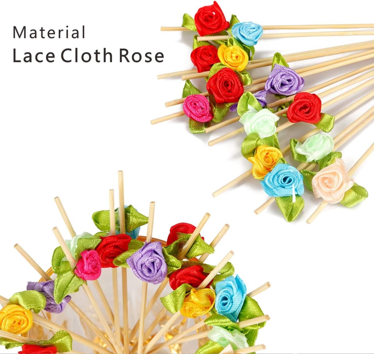 Minisland Multicolor Rose Flower Cocktail Picks, 4.7 Inch Long Bamboo Fancy Toothpicks for Appetizers, Bridal Shower Wedding Valentines Party Food Drinks Garnish Fruit Skewer Sticks 100 Counts -MSL129
