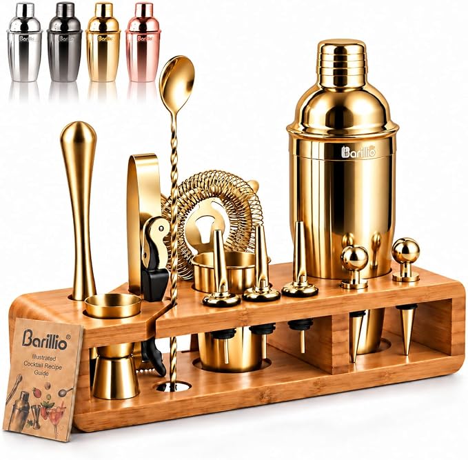 Barillio Bartender Kit - Stainless-Steel Cocktail Shaker Set w/Bamboo Stand - Mixology Bar Tools w/Drink Shaker, Mixer Spoon & Muddler for Cocktails - Home Bar Accessories - 23-Pc Bar Set - Silver - Gold - Bamboo